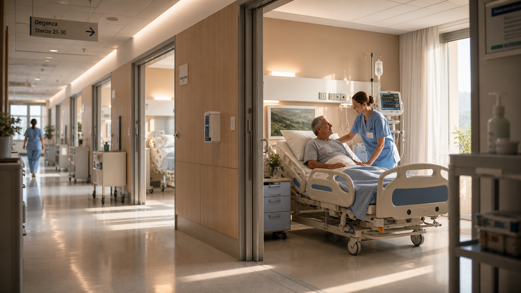 Ospedale con degenza - illustrazione generata con IA per il settore sanitario